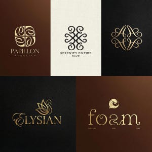 Peut inclure: Plusieurs logos dorés et noirs. Les logos incluent les textes "Papillon Plastics", "Serenity Empire Club", "Elysian" et "foam". Les logos présentent des designs élégants, adaptés au branding.
