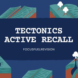 May include: An educational graphic with the words "TECTONICS ACTIVE RECALL" in white text on a dark blue background. The image features diagrams of tectonic plates in shades of green, orange, and brown, with arrows indicating movement.
