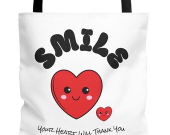Smile Heart Illustration Tote Bag | Cute Red Heart Cartoon, Positive Quote