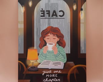 Book Lover Print – Amsterdam Cafe, Cozy Reading Nook (A5) Just One More Chapter