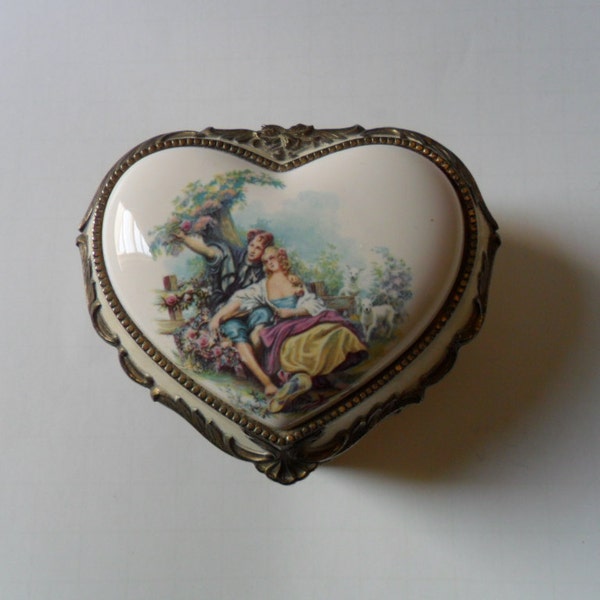 vintage ornate heart trinket box with idyllic scene . vintage ornate music box . vintage trinket box . vintage Japan jewelry box