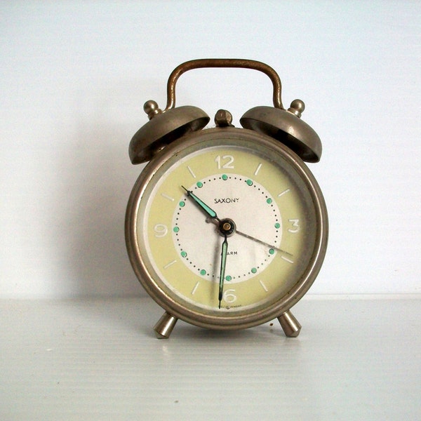 vintage mid century alarm clock . vintage Saxony Clock . Germany . vintage wind up clock . retro clock . shabby chic clock round alarm clock