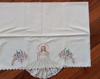 Vintage Hand Stitched Goldie Locks Embroidered Pillow Case: Crinoline lady like