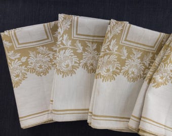 8 Damask Serviettes: Midcentury Fabrics Pale Golden Green and Soft Cream Napkins