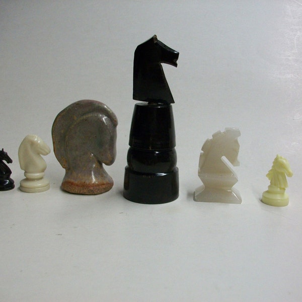 instant collection of 6 different chess horse game pieces . chess pieces . knight chess pieces . knights