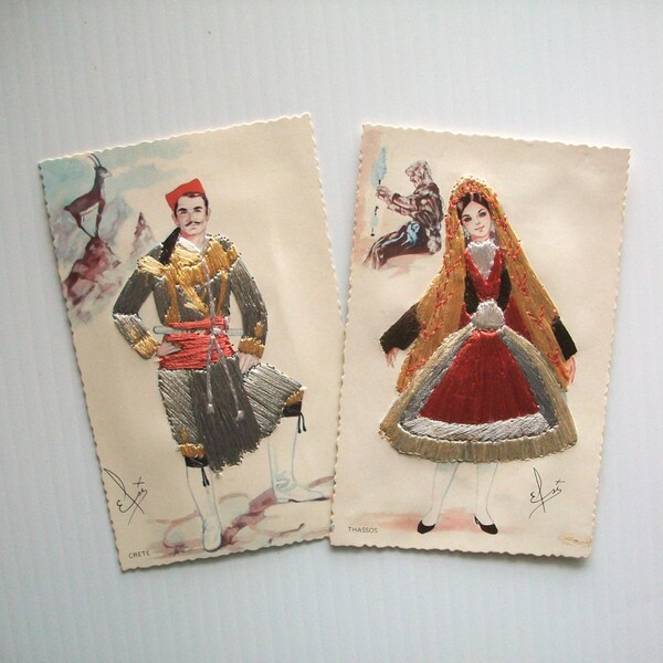 vintage art cards . vintage Grecian post cards with embroidery . vintage post cards . vintage textile art cards . vintage couple Greece card