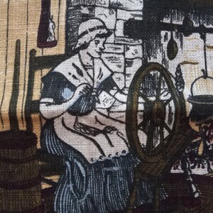May include: A woman in a brown dress and white cap sits by a spinning wheel, working on a piece of yarn. The scene is depicted in a vintage style, with a rustic wooden background and a fireplace in the distance.