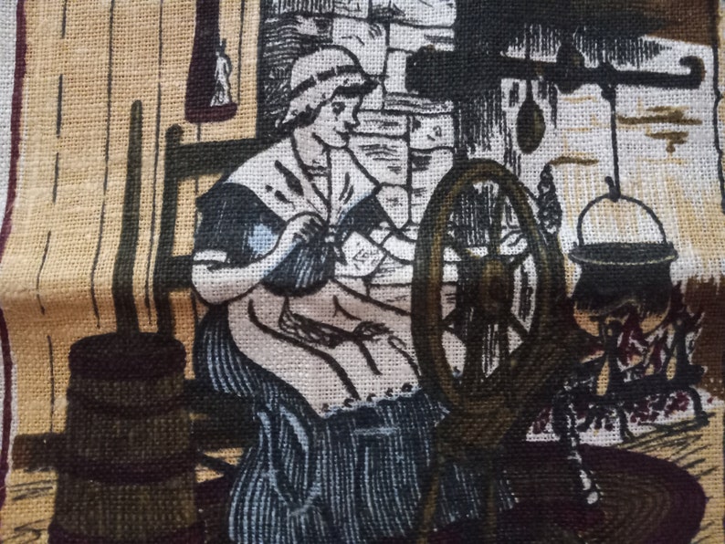 May include: A woman in a brown dress and white cap sits by a spinning wheel, working on a piece of yarn. The scene is depicted in a vintage style, with a rustic wooden background and a fireplace in the distance.