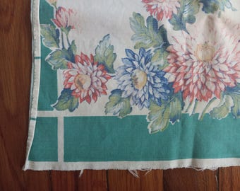Strofinaccio vintage: anni '50, lino verde, motivo floreale, strofinaccio da cucina usato con fiori di dalia