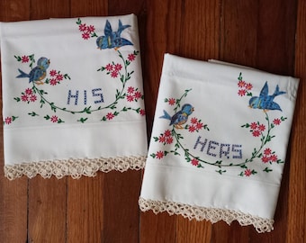 vintage cross stitch pillow case patterns: pair of His Her pillowcases blue birds vintage cross stitch garden pattern with hand tatting