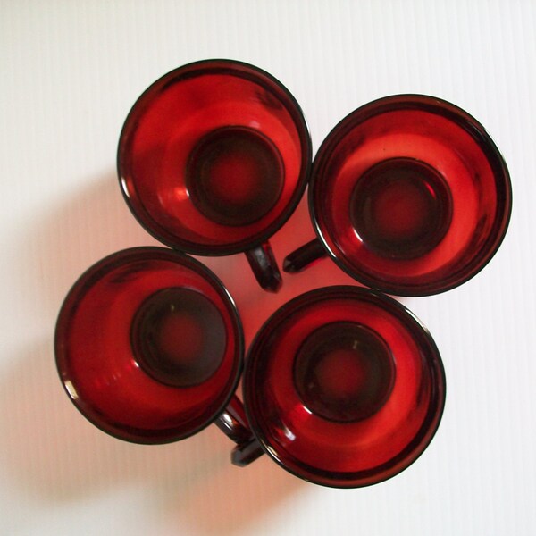 4 vintage red glass cups | Ruby Red Arcoroc of France | red glassware tea cups | ruby red coffee cups | holiday cups | vintage red tea cups