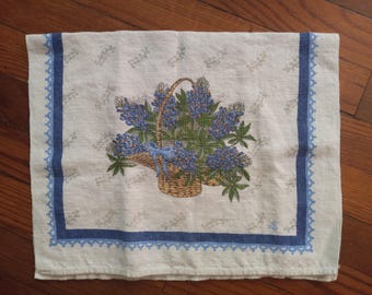 Vintage Tea Towel with Texas Blue Bonnet Florals, Rare Hand Towel, Jacquard Weave cotton towel, discontinued