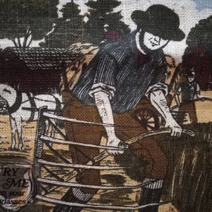 May include: A vintage-style illustration of a man in a black hat and brown trousers operating a farm implement pulled by a white horse. The image has a rustic, hessian-like texture and includes the text "TRY ME on your glasses".