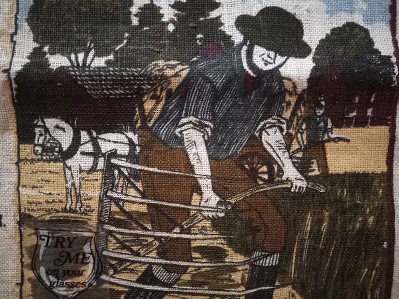 May include: A vintage-style illustration of a man in a black hat and brown trousers operating a farm implement pulled by a white horse. The image has a rustic, hessian-like texture and includes the text "TRY ME on your glasses".
