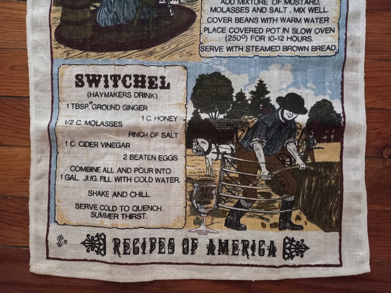 May include: A vintage-style kitchen towel featuring a recipe for "Switchal" (Haymakers Drink). The recipe includes ingredients such as ground ginger, honey, molasses, cider vinegar, and eggs. The towel depicts a colourful illustration of a man working in a field with a cart and a glass of the drink.