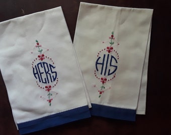 tea towels hand stitched His & Hers linen towel set | pronouns in embroidered towel set | pronoun her vintage weddings | junk journal covers