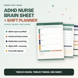 May include: ADHD Nurse Brain Sheet and Shift Planner with 16 undated pages. Features include SBAR report scaffold, patient priority tracker, medication round log, night shift recovery, and post-shift debrief. Text reads: Twelve hours. Twelve things. One sheet.