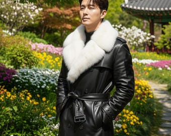 Handmade Men's Black Leather Trench Coat, Black Vintage Long Coat, Luxury Real Leather Long Coat with Fur Collar