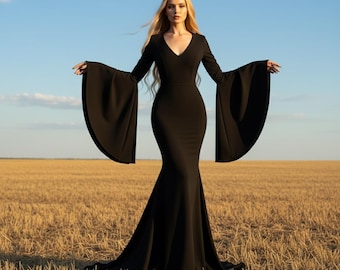 Gothic Morticia Addams Dress, Morticia Addams Train Gown Dress, Wednesday Black Maxi Dress, Morticia Addams Halloween Costume. Witch Maxi