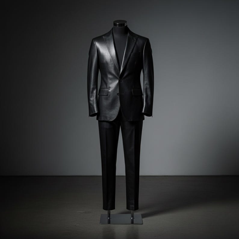 May include: A black leather suit displayed on a mannequin. The suit includes a two-button blazer with notched lapels and matching trousers. The suit is a solid black color and appears to be made of high-quality leather. The mannequin is set against a dark gray background.