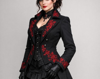 Handmade Gothic Victorian Tail Coat, Women's Black Goth Cotton Coat with Red Embroidery, Winter Vampire Costume, Steampunk Jacket