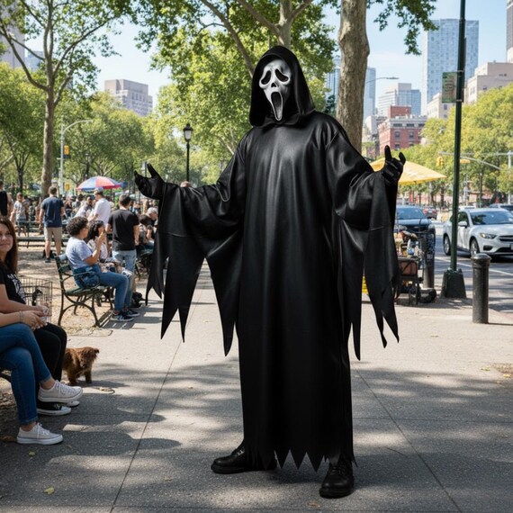 Black Leather Scream Robe Costume, Gothic Ghostface Robe, Ghostface Scream Cosplay Costume, Scream Leather Costume, Halloween Costume Robe