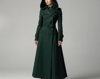 Handmade Luxury Green Hooded Winter Wool Coat, Women's Gothic Maxi Coat, Vintage Inspired Victorian Long Coat, Double Breasted Wedding Coat