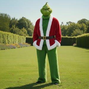 Puede incluir: Imagen de cuerpo entero de un personaje verde con una chaqueta de terciopelo roja con ribete de piel sintética blanca, un cinturón negro y pantalones verdes. El personaje tiene una cara verde y está de pie sobre un césped verde.