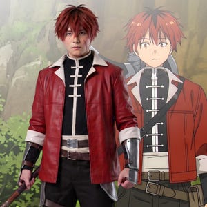 May include: A cosplay outfit featuring a red jacket with white lapels, a black high-neck shirt with white toggle closures, dark trousers, a brown belt with a silver buckle, and silver forearm guards, mirroring the character design shown in the background.