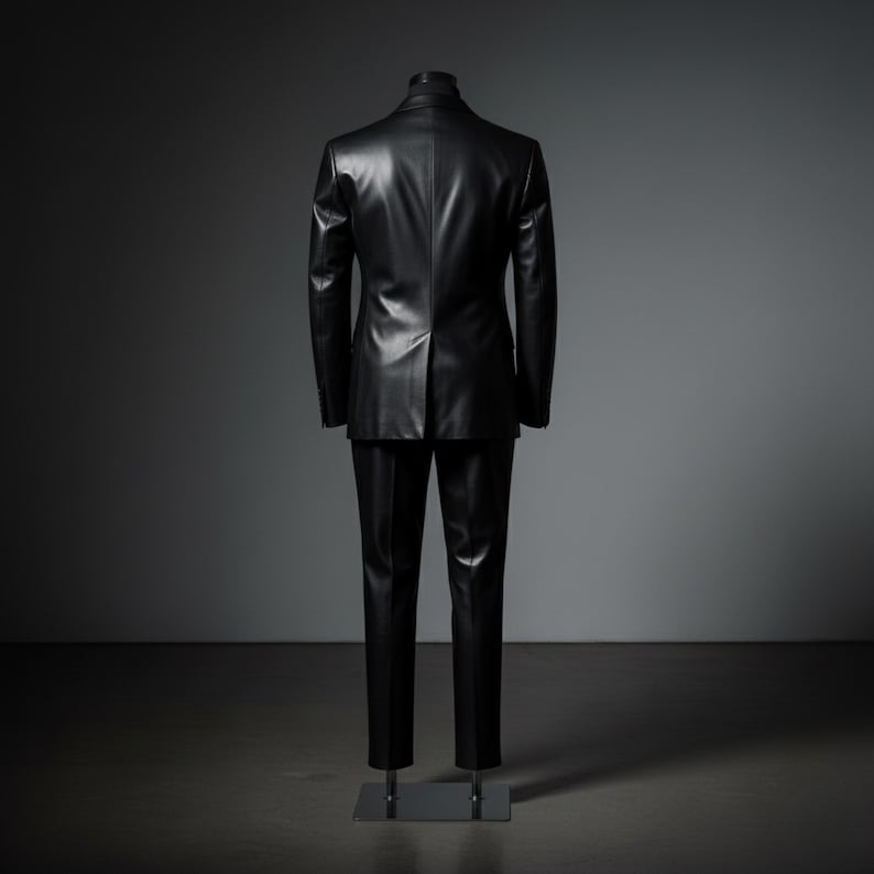 May include: A black leather suit displayed on a mannequin. The suit includes a tailored jacket and matching trousers. The jacket has a notched lapel and the trousers are straight-legged. The suit is displayed against a dark gray background.