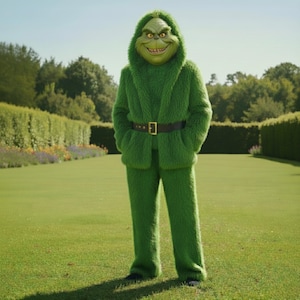 May include: A full-body shot of a person in a green furry costume with a Grinch mask. The costume includes a hooded jacket, pants, and a black belt with a gold buckle. The person is standing on a green lawn.