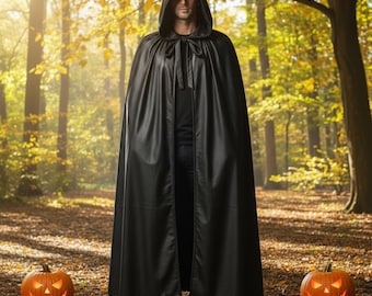 Gothic Schwarz Leder Kapuzen Umhang, Vampir Viktorianischen Kapuzen Umhang, Halloween Cosplay Kostüm