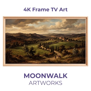 Pode incluir: Uma pintura de paisagem emoldurada com uma moldura de madeira clara. A obra de arte retrata uma cena rural com colinas, uma estrada sinuosa e um céu nublado. O texto "4K Frame TV Art" e "MOONWALK ARTWORKS" são exibidos.
