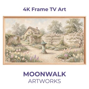 Puede incluir: Pintura enmarcada de un paisaje de jardín con una pared de piedra, flores y un reloj de sol. La obra de arte está en un marco de madera clara. El texto en la parte superior dice "4K Frame TV Art" y en la parte inferior "MOONWALK ARTWORKS".
