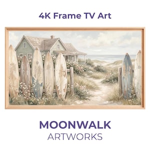 海岸 フレームTVアート, Sun-Bleached Surfboard Fence, ノーティカル サマー デコ, Samsung Frame デジタルダウンロード 4K