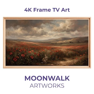 Pode incluir: Pintura de paisagem emoldurada com um campo de papoilas vermelhas sob um céu nublado. Um coelho está sentado perto de um caminho no campo. A moldura é de madeira clara. O texto na parte superior diz "4K Frame TV Art" e na inferior "MOONWALK ARTWORKS."