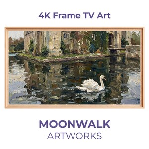 Swan Frame TV Art, Swan Castle Moat, Elegant Nature Decor, Samsung Frame Digital Download 4K
