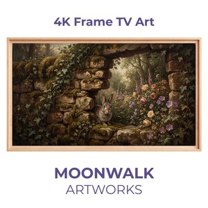 Pascua Arte para Frame TV, Rabbit At Stone Wall, Decoración Rústica de Primavera, Samsung Frame Descarga Digital 4K