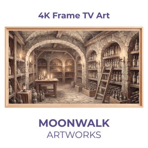 Pode incluir: Uma impressão de arte digital emoldurada que retrata uma adega com paredes de pedra, tetos arqueados e prateleiras cheias de garrafas de vinho. A cena inclui uma escada de madeira, uma mesa com velas e o texto "4K Frame TV Art" e "MOONWALK ARTWORKS".