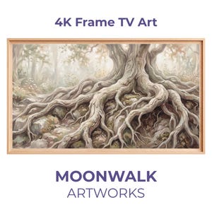 May include: A framed artwork for a 4K Frame TV. The image features a detailed painting of a large tree with exposed roots, set in a misty forest. The artwork is framed in a light wood. The text "4K Frame TV Art" and "MOONWALK ARTWORKS" are displayed.