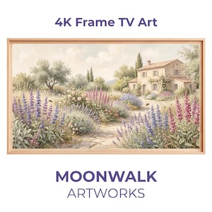 Puede incluir: Una impresión artística enmarcada para TV 4K que presenta un paisaje sereno con una casa de piedra, campos de lavanda y un camino de piedra. La obra de arte está en colores pastel suaves, con el texto "4K Frame TV Art" y "MOONWALK ARTWORKS".