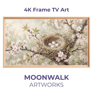 Puede incluir: Obra de arte digital enmarcada con temática de la naturaleza. Representa un nido de pájaros con huevos en una rama floreciente. El marco es de color marrón claro, con el texto "4K Frame TV Art" y "MOONWALK ARTWORKS".
