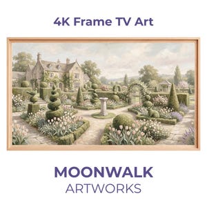 Peut inclure: Une impression d'art 4K pour téléviseur encadrée représentant une scène de jardin sereine avec une maison de maître en arrière-plan. L'œuvre présente des haies taillées, des parterres de fleurs et des topiaires. Le texte "4K Frame TV Art" et "MOONWALK ARTWORKS" sont affichés.