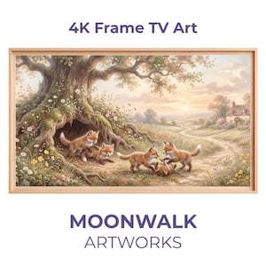 Könnte beinhalten: Ein gerahmtes Kunstwerk mit einer idyllischen Szene mit spielenden Füchsen in der Nähe eines großen Baumes. Das Kunstwerk ist in einer natürlichen Landschaft mit einem Weg zu einem Cottage angesiedelt. Der Text "4K Frame TV Art" und "MOONWALK ARTWORKS" sind sichtbar.