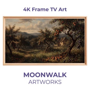 Puede incluir: Pintura de paisaje enmarcada con marco de madera clara. La obra representa una escena rural con árboles frutales, una casa y un camino. Se ve el texto "4K Frame TV Art" y "MOONWALK ARTWORKS". Ideal para decoración.
