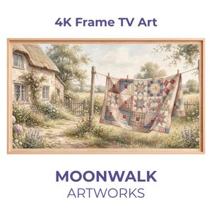 Pode incluir: Uma obra de arte digital emoldurada intitulada "4K Frame TV Art" com uma pitoresca cena de casa de campo. Uma colcha colorida pendurada em um varal em um campo. A obra de arte é da MOONWALK ARTWORKS.