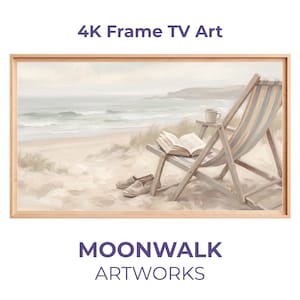 Puede incluir: Una impresión artística enmarcada para TV 4K que representa una serena escena de playa. Una silla de playa a rayas sostiene un libro abierto y una taza. Un par de zapatos descansa sobre la arena. El texto "4K Frame TV Art" y "MOONWALK ARTWORKS" son visibles.