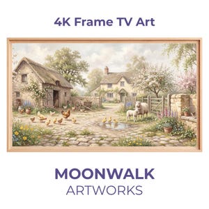 Può includere: Un'opera d'arte incorniciata intitolata "4K Frame TV Art" raffigurante una scena pastorale. L'immagine mostra una fattoria con un fienile in pietra, galline, anatre e una pecora con un agnello. L'opera è firmata "MOONWALK ARTWORKS".
