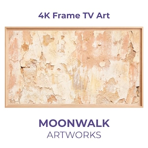 Puede incluir: Una obra de arte rectangular para un televisor 4K Frame, con un diseño de pared texturizada en tonos beige, marrón claro y marrón, enmarcada en madera clara. El texto "4K Frame TV Art" está en la parte superior y "MOONWALK ARTWORKS" en la inferior.