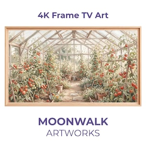 May include: A framed watercolor print of a greenhouse filled with tomato plants laden with red fruit. The artwork is labeled "4K Frame TV Art" and features the text "MOONWALK ARTWORKS" at the bottom.